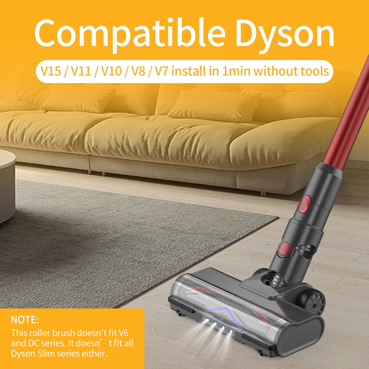 Vacuum Cleaners Parts for Dyson V7 V8 V10 V11 V15, Roller Brush Power Head Replacement with LED Light, Motorhead Hardwood Floor Attachments for Vacuum (D019)