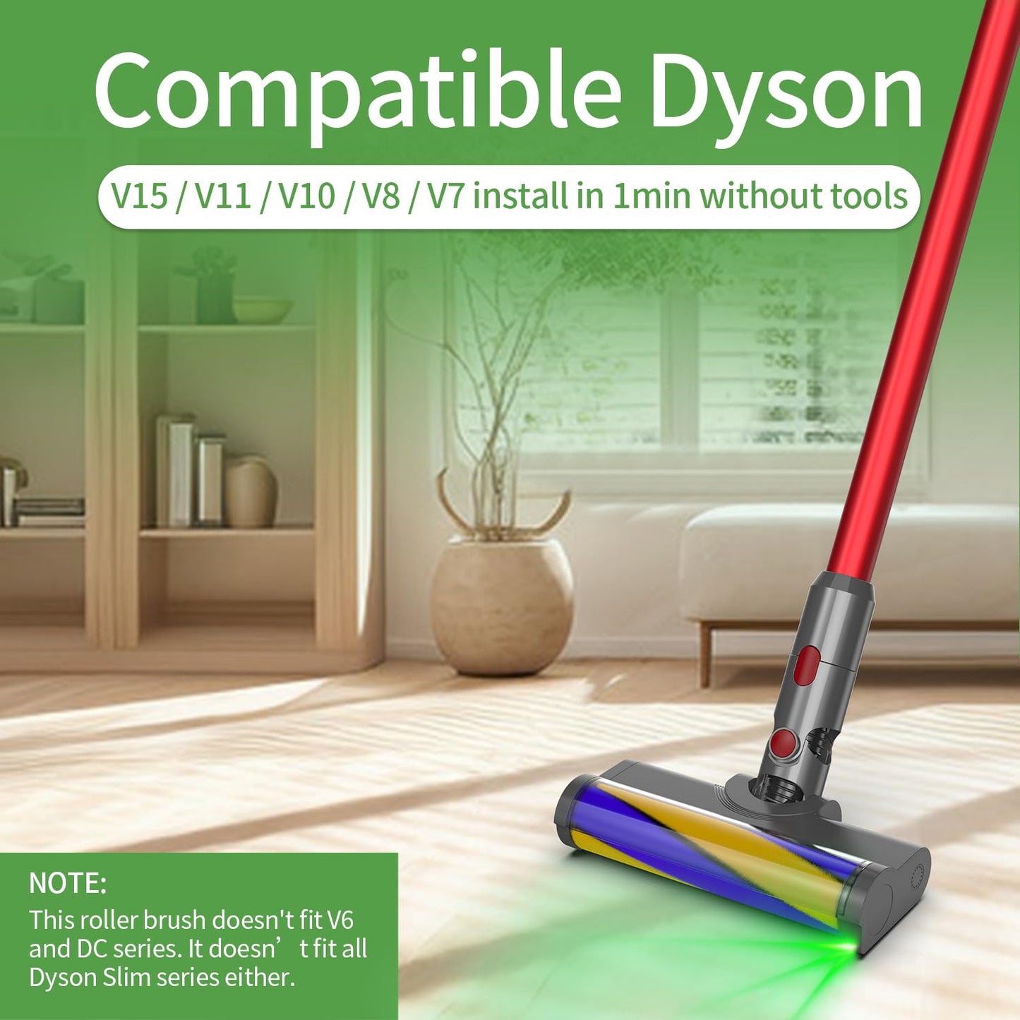 Vacuum Cleaners Parts for Dyson V7 V8 V10 V11 V15, Roller Brush Power Head Replacement with Green LED Light, Motorhead Hardwood Floor Attachments for Vacuum (D025)