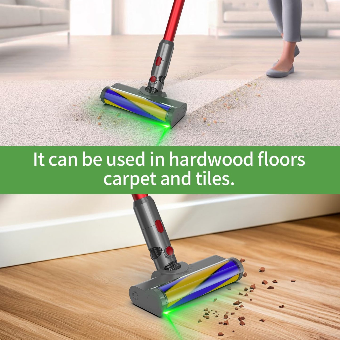 Vacuum Cleaners Parts for Dyson V7 V8 V10 V11 V15, Roller Brush Power Head Replacement with Green LED Light, Motorhead Hardwood Floor Attachments for Vacuum (D025)