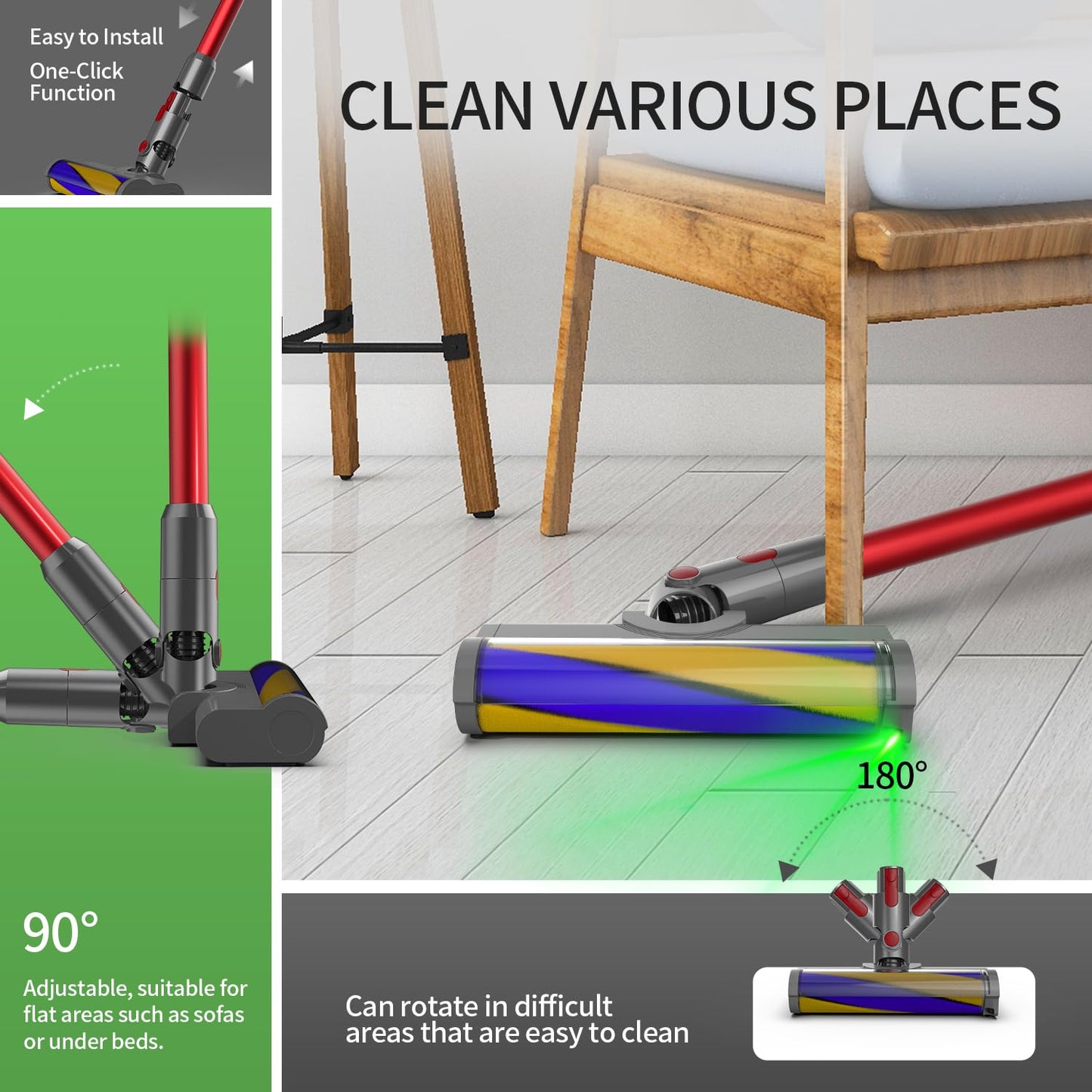 Vacuum Cleaners Parts for Dyson V7 V8 V10 V11 V15, Roller Brush Power Head Replacement with Green LED Light, Motorhead Hardwood Floor Attachments for Vacuum (D025)