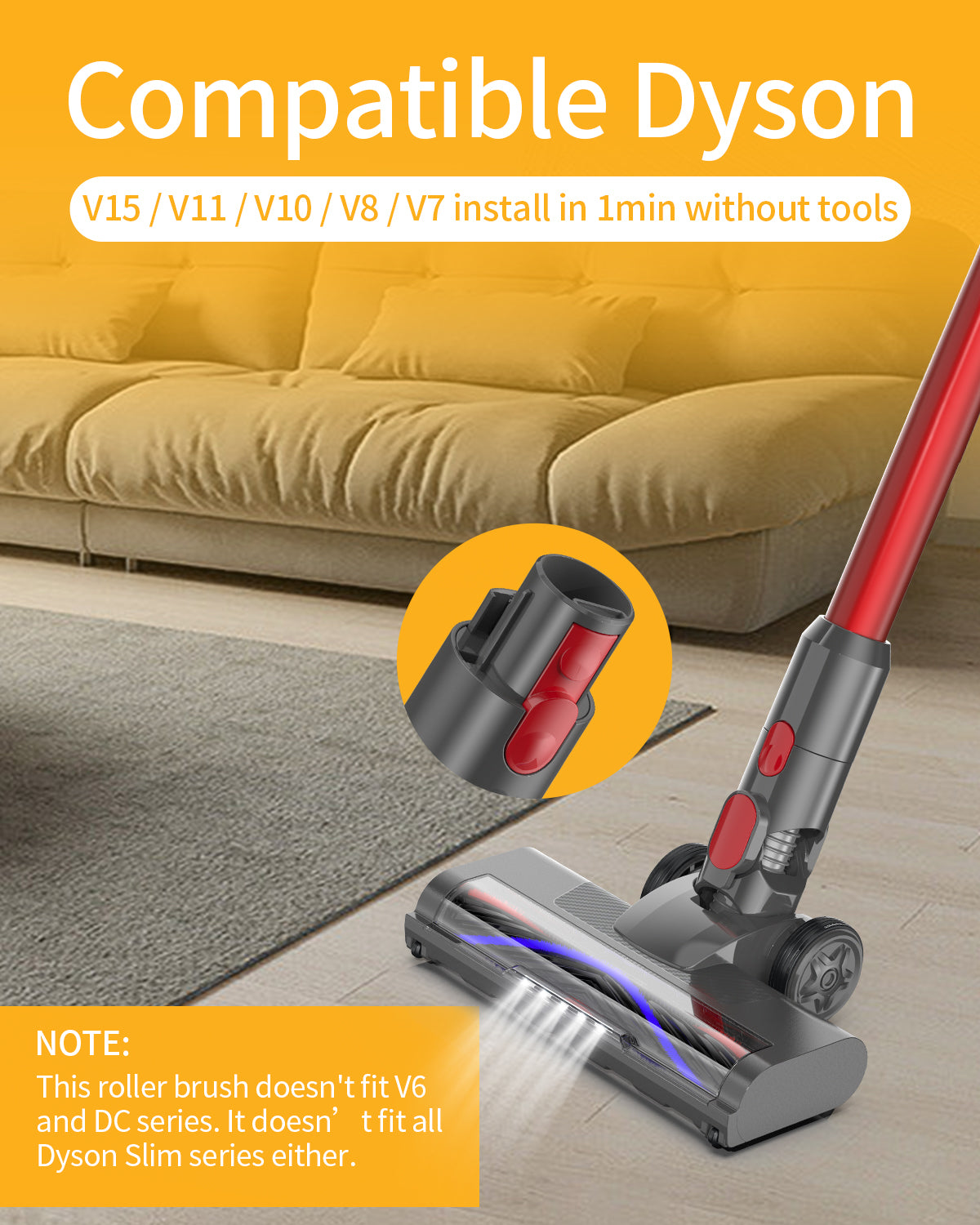 Vacuum Cleaners Parts for Dyson V7 V8 V10 V11 V15, Roller Brush Power Head Replacement with Green LED Light, Motorhead Hardwood Floor Attachments for Vacuum (D015)