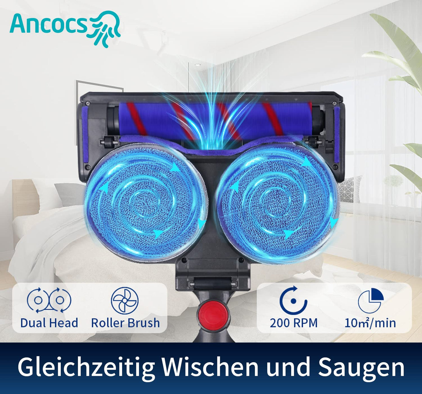 Ancocs mop accessory for Dyson V7 V8 V10 V11 V15 vacuum cleaner, electric floor mop with LED light, removable water tank and six washable mops